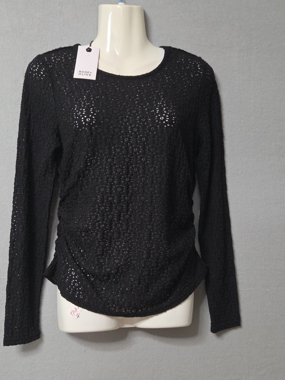 Rose & Olive Black Open-Knit Long Sleeve Top Small Size